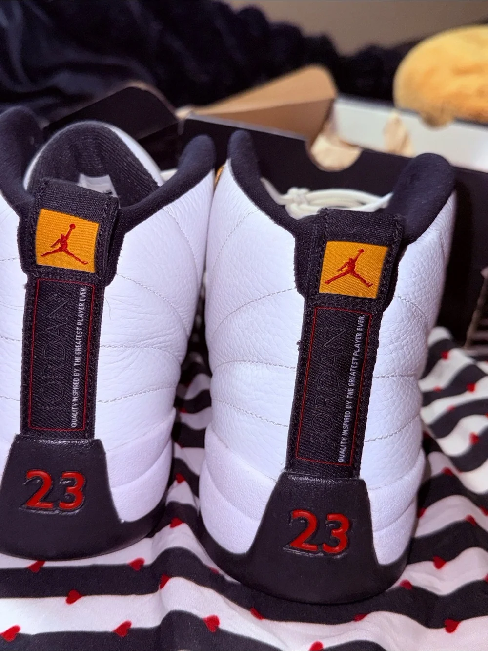 Jordan 12 retro taxis Men’s Basketball Shoes - White, Black & Gold Accents